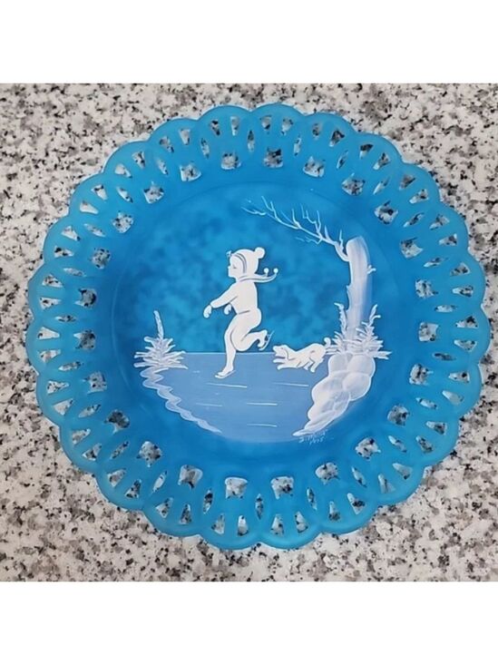 Westmoreland Other - Vintage Westmoreland Glass Lattice Blue glass hand painted boy ice skating plate